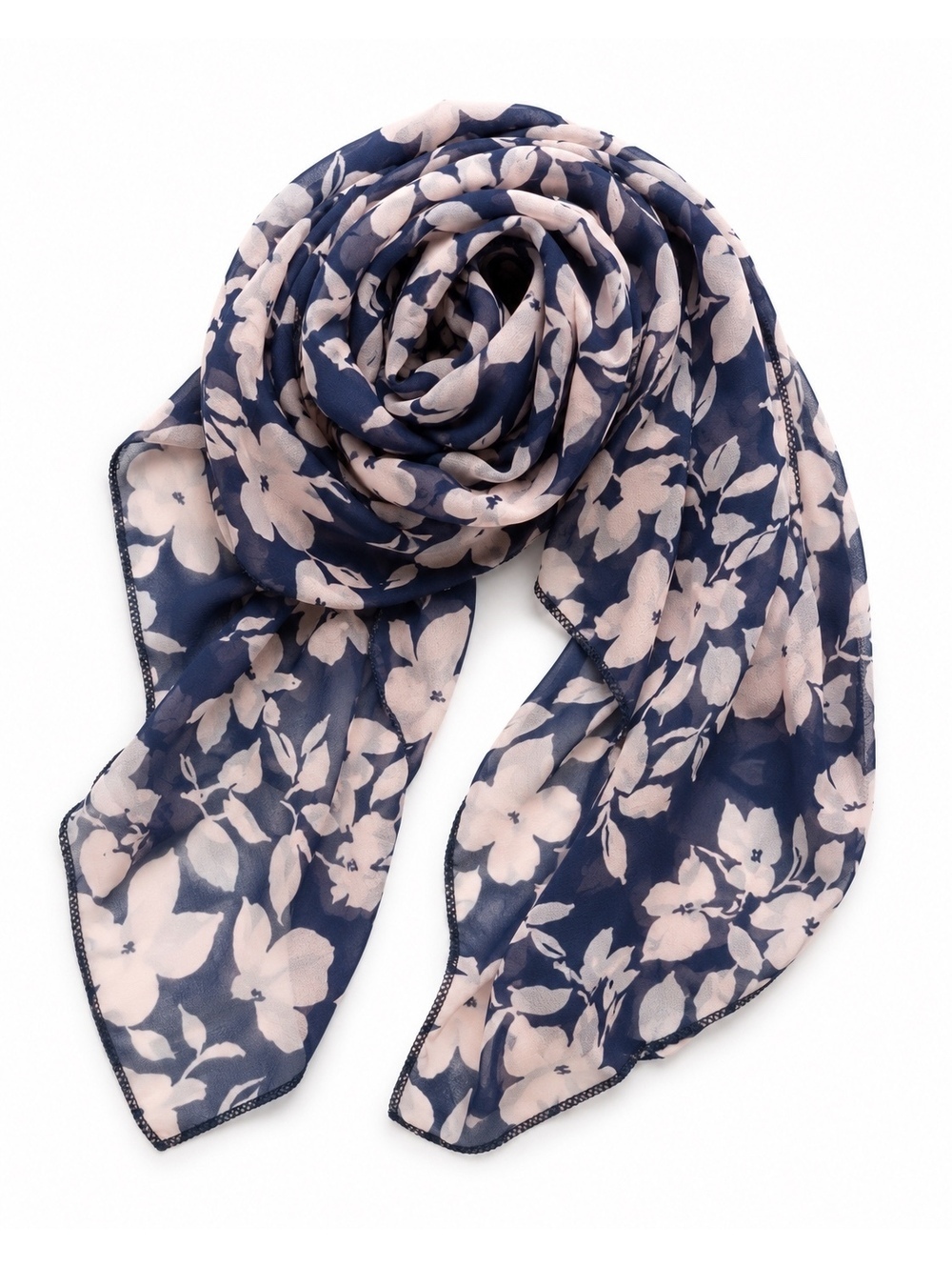 Navy & Pale Pink Floral Lightweight Scarf 67” x 8” - Picture 4 of 6